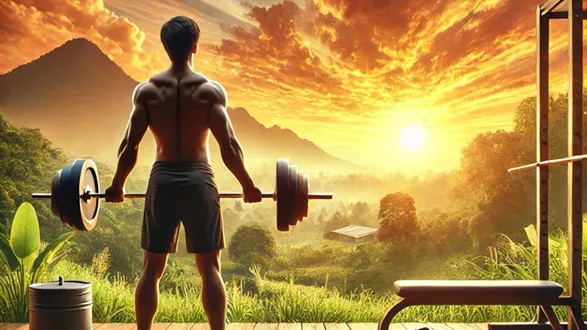 Man lifting a barbell, looking towards rising sun, symbolizing new fitness beginnings